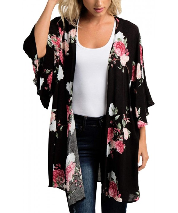 Women's Flowy Summer Chiffon Kimono Cardigans Tops Boho Floral Beach Cover Ups Casual Loose Shirts - D-type Black - CE18T4U52...