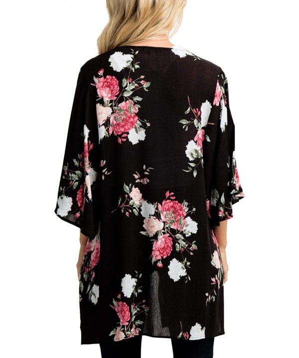 Women's Flowy Summer Chiffon Kimono Cardigans Tops Boho Floral Beach Cover Ups Casual Loose Shirts - D-type Black - CE18T4U52...