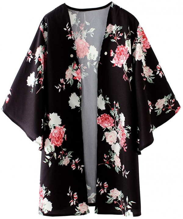 Women's Flowy Summer Chiffon Kimono Cardigans Tops Boho Floral Beach Cover Ups Casual Loose Shirts - D-type Black - CE18T4U52...