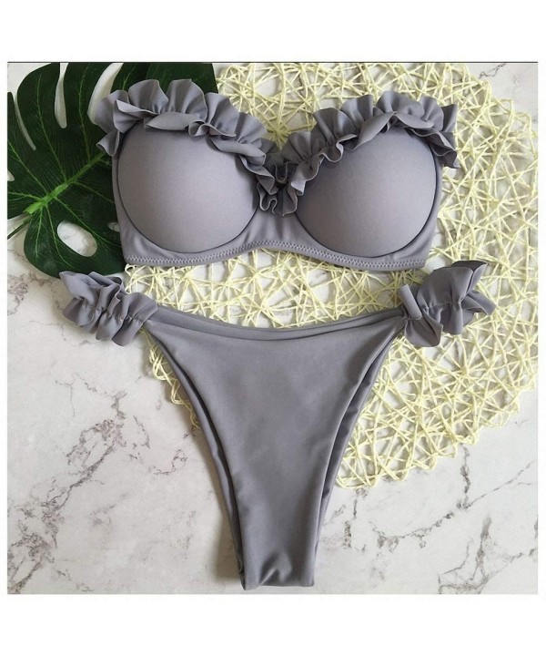 Womens Bikini Push Up Ruffled Beachwear Bandeau Biquini - Gray - CL18RGUMLCX $23.05-Sets