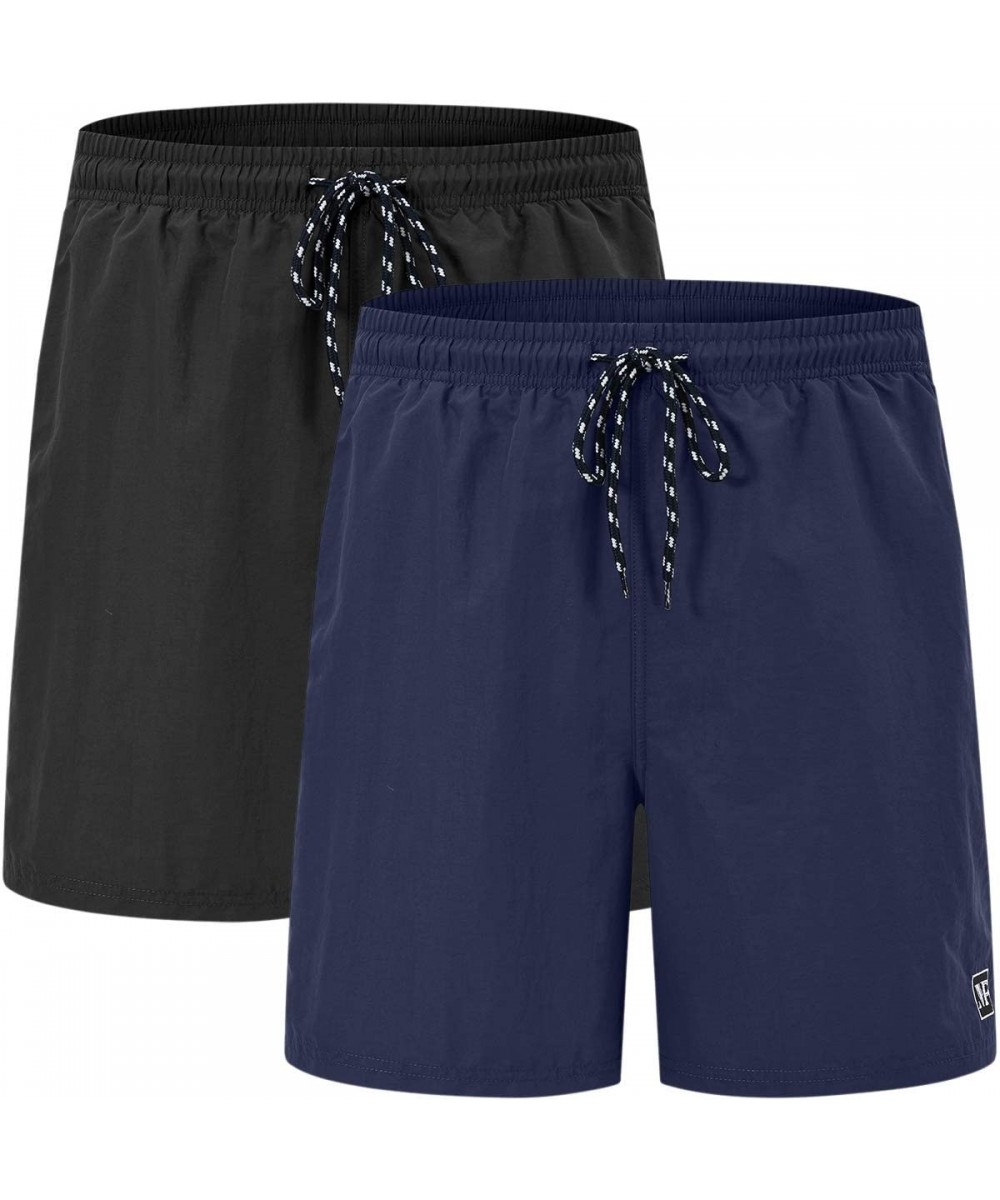 Mens Running Shorts Board Shorts Quick Dry Swim Trunks Swimsuit Beachwear with Mesh Lining - 2 Pack-black/Deep Blue - CT194X3...