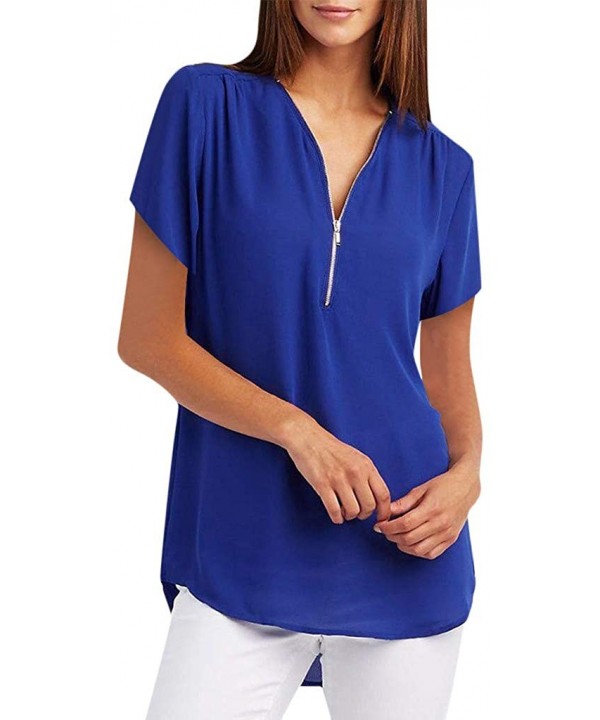 2020 Summer Flowy Fashion Zipper V-Neck Casual Tops T-Shirt Loose Tunic Tee Short Sleeve Shirt - 1 Blue - CG18DW7R3OS $10.40-...