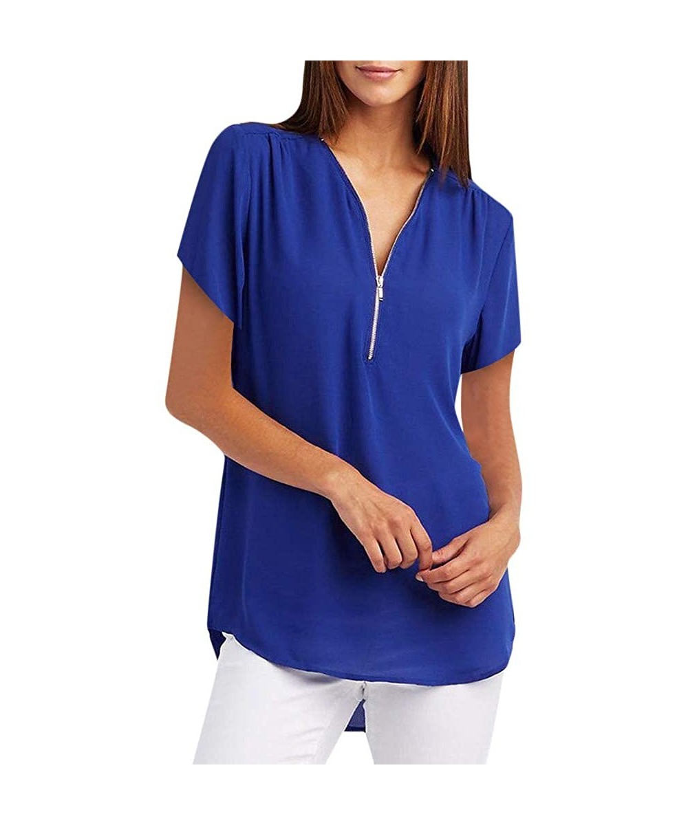 2020 Summer Flowy Fashion Zipper V-Neck Casual Tops T-Shirt Loose Tunic Tee Short Sleeve Shirt - 1 Blue - CG18DW7R3OS $10.40-...