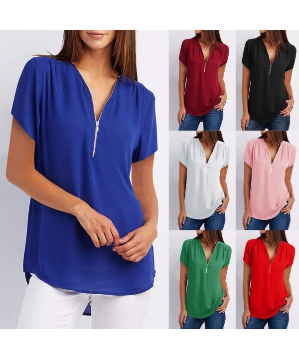 2020 Summer Flowy Fashion Zipper V-Neck Casual Tops T-Shirt Loose Tunic Tee Short Sleeve Shirt - 1 Blue - CG18DW7R3OS $10.40-...