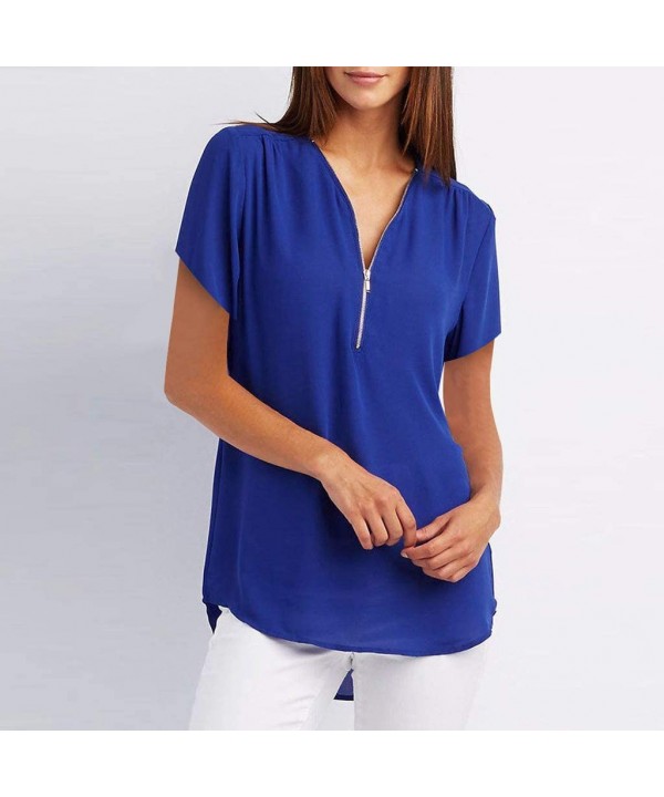 2020 Summer Flowy Fashion Zipper V-Neck Casual Tops T-Shirt Loose Tunic Tee Short Sleeve Shirt - 1 Blue - CG18DW7R3OS $10.40-...