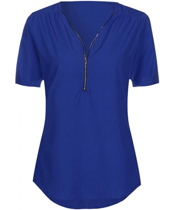 2020 Summer Flowy Fashion Zipper V-Neck Casual Tops T-Shirt Loose Tunic Tee Short Sleeve Shirt - 1 Blue - CG18DW7R3OS $10.40-...