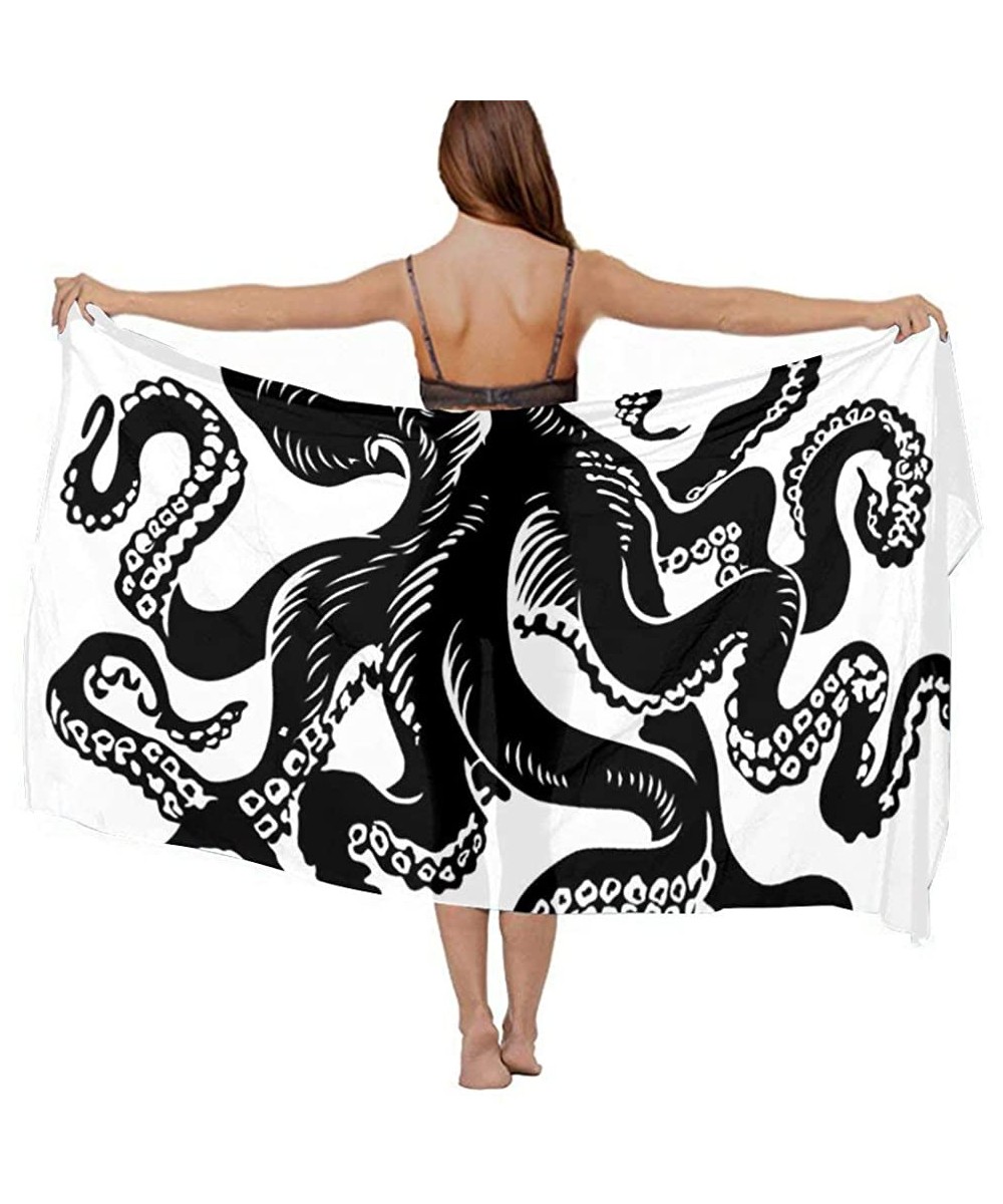 Women Fashion Shawl Wrap Summer Vacation Beach Towels Swimsuit Cover Up - Classic Black Octopus Tattoo Design White - CW190HH...