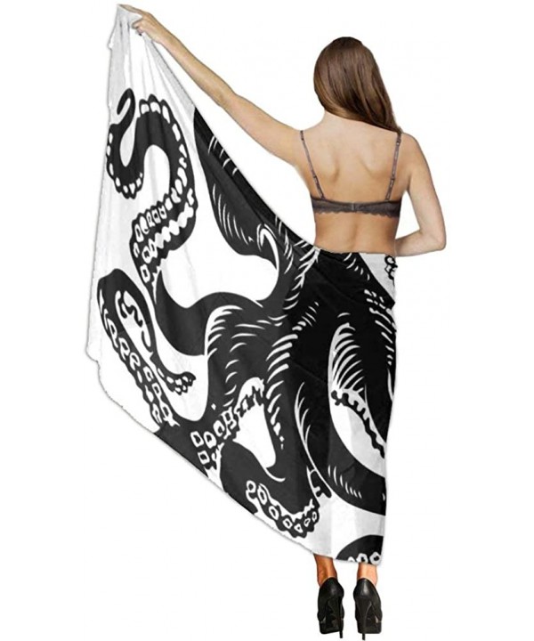 Women Fashion Shawl Wrap Summer Vacation Beach Towels Swimsuit Cover Up - Classic Black Octopus Tattoo Design White - CW190HH...