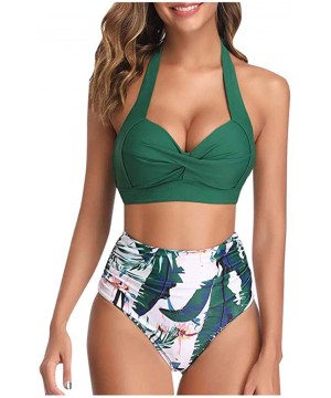 Women Vintage Swimsuit Two Piece Retro Halter Ruched High Waist Print Bikini Set - Dark Green - CZ193G7Z9I6 $15.10-Sets