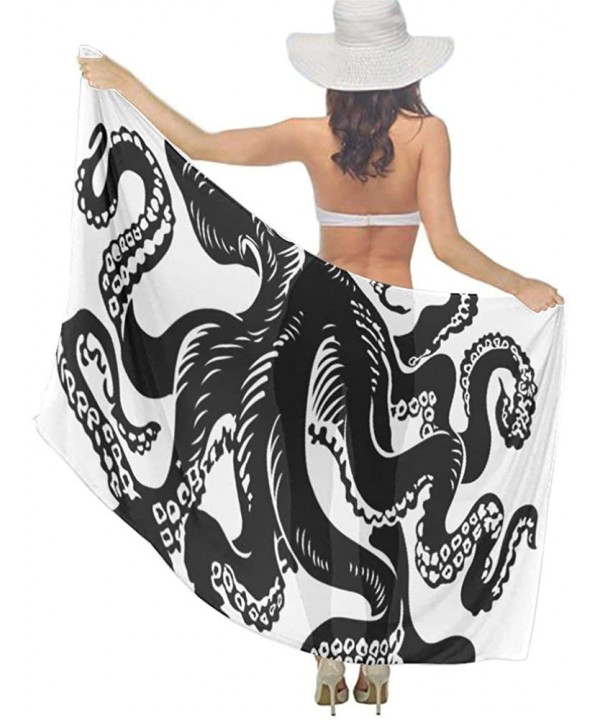 Women Fashion Shawl Wrap Summer Vacation Beach Towels Swimsuit Cover Up - Classic Black Octopus Tattoo Design White - CW190HH...