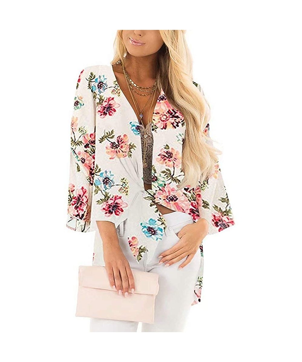 Women's Floral Print Kimono Cover Up Sheer Chiffon Blouse Long Cardigan - Aprico - C518M0Q2D0R $23.09-Cover-Ups