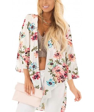 Women's Floral Print Kimono Cover Up Sheer Chiffon Blouse Long Cardigan - Aprico - C518M0Q2D0R $23.09-Cover-Ups