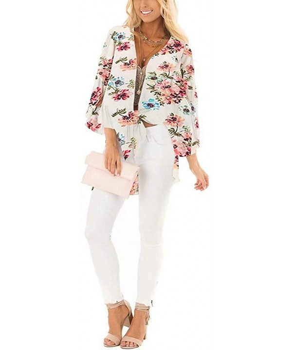 Women's Floral Print Kimono Cover Up Sheer Chiffon Blouse Long Cardigan - Aprico - C518M0Q2D0R $23.09-Cover-Ups