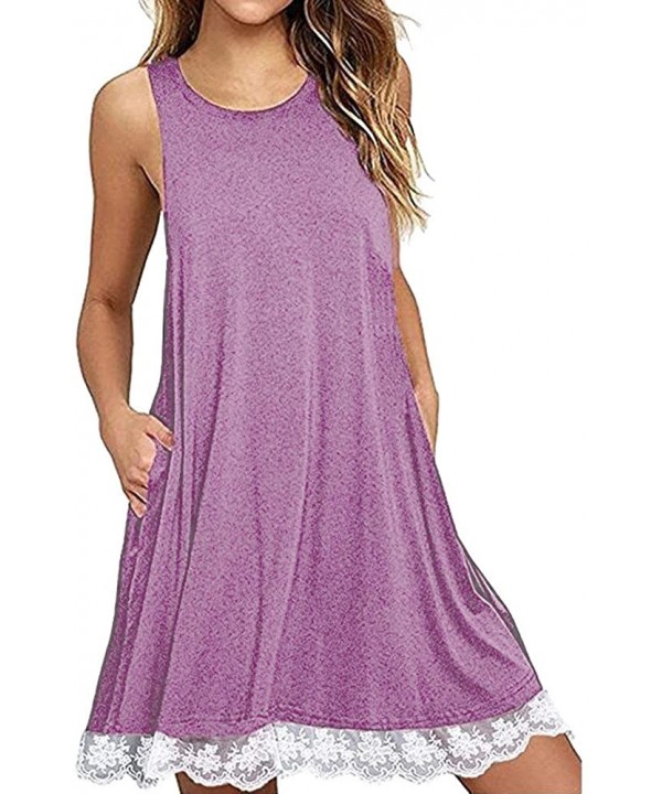 Women Dresses-Womens Vintage Summer Button Dwon V Neck Beach Short Dress Sleeveless T-Shirt Mini Tunic Tank Dress - 03 Purple...