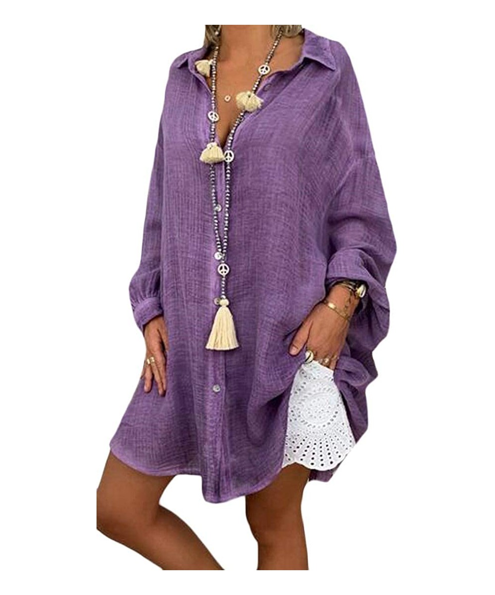 Women Loose Fit Solid Color Long Sleeve Bikini Cover Up Plus Size Shirt Blouse Top - Purple - CM199XUWCEL $20.88-Cover-Ups