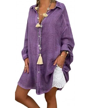 Women Loose Fit Solid Color Long Sleeve Bikini Cover Up Plus Size Shirt Blouse Top - Purple - CM199XUWCEL $20.88-Cover-Ups