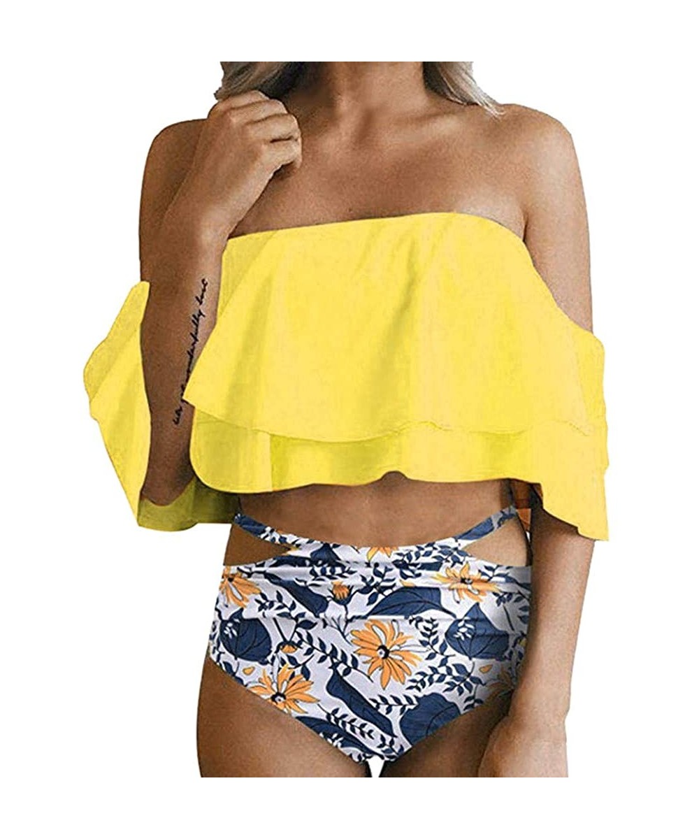 Swimwear for Womens Sexy Swimming Two Piece Off Shouder Padded Push up Bra Hight Waist Set Swimsuit Bikini Yellow3 - CY18NEHY...