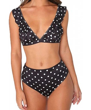 Women's High Waisted Retro Polka Dot Ruffled Two Pieces Swimsuits Bikini - Black - CU18OT4QDYK $17.02-Sets