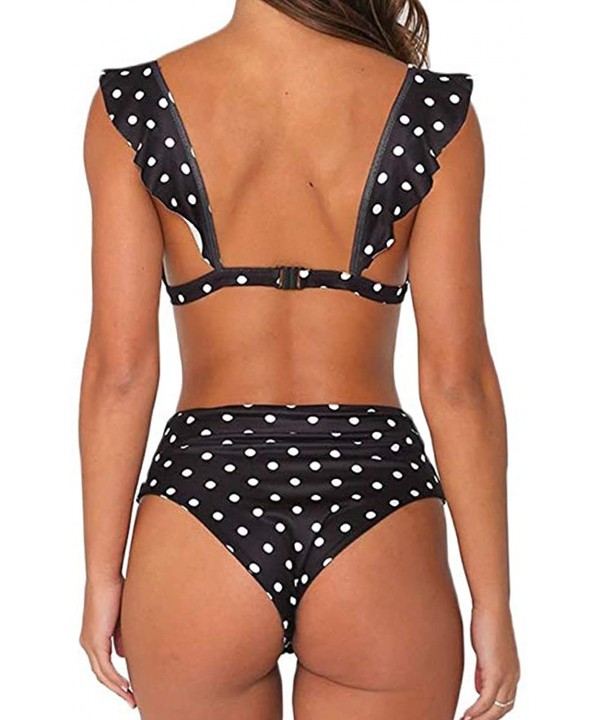 Women's High Waisted Retro Polka Dot Ruffled Two Pieces Swimsuits Bikini - Black - CU18OT4QDYK $17.02-Sets