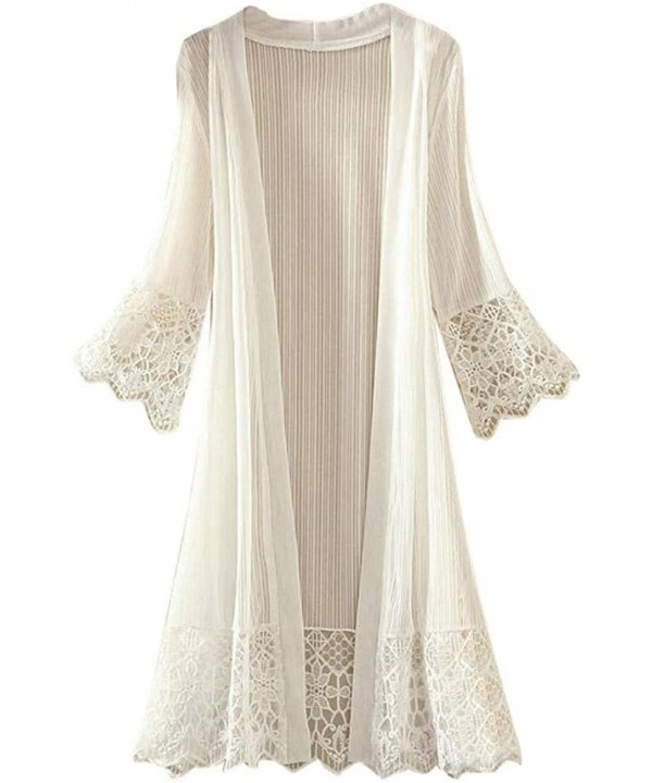 Lace Long Cardigan Women Plus Size Loose Shawl Cover Up Beachwear Blouse Smock - Lace White - CM193OODD86 $19.07-Cover-Ups