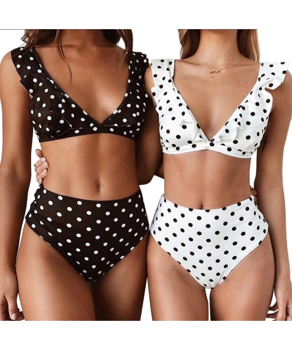 Women's High Waisted Retro Polka Dot Ruffled Two Pieces Swimsuits Bikini - Black - CU18OT4QDYK $17.02-Sets