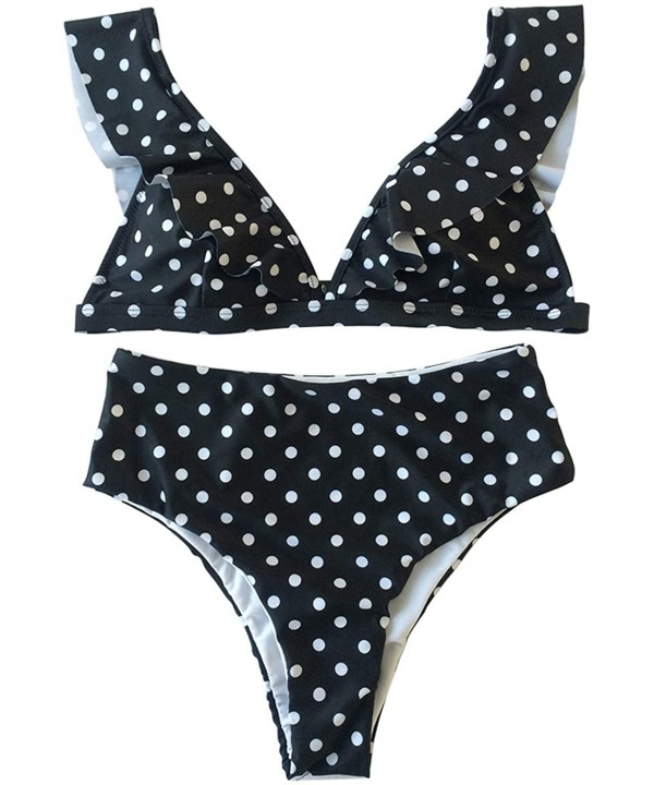 Women's High Waisted Retro Polka Dot Ruffled Two Pieces Swimsuits Bikini - Black - CU18OT4QDYK $17.02-Sets