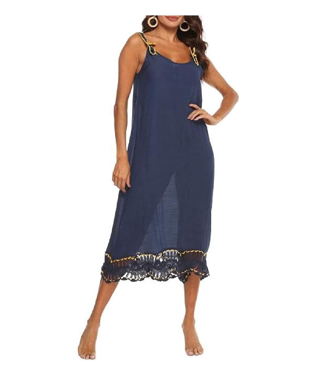 Spaghetti Strap Beach Dress Crochet Sexy Cover Up Swimwear Beachwear - Purplish Blue - CO199EZZGNC $27.52-Cover-Ups