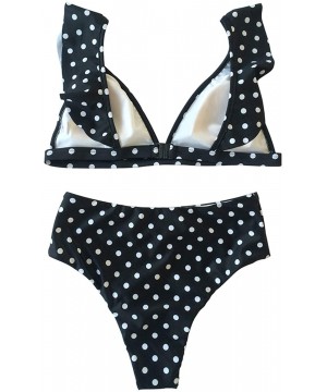 Women's High Waisted Retro Polka Dot Ruffled Two Pieces Swimsuits Bikini - Black - CU18OT4QDYK $17.02-Sets