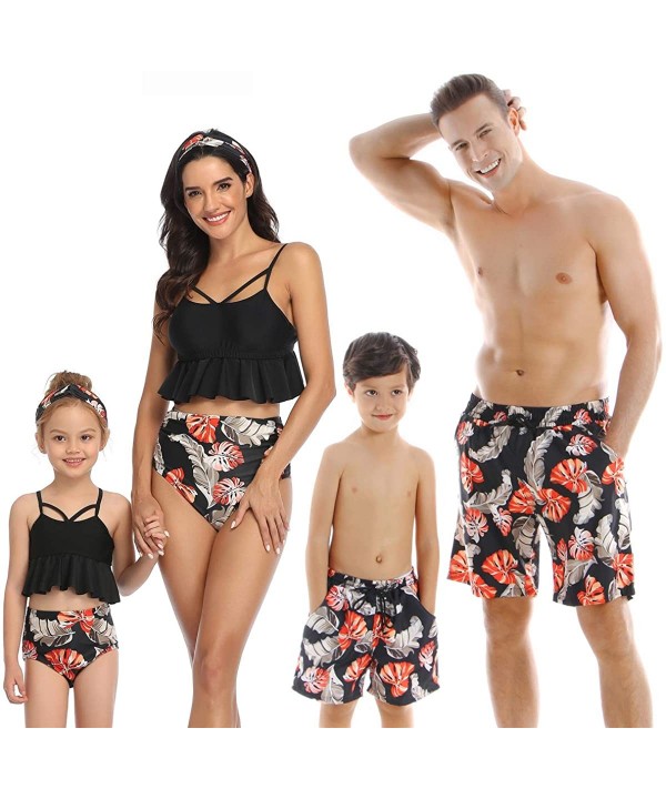 Family Matching Swimsuits Mommy Daddy and Me Palm Printed Ruffle Swimwear Bathing Suits - Boys Black - CN194L8N22C $15.26-Sets