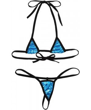 Women's Shiny Metallic Micro Bikini Triangle Bra with G-String Briefs Beachwear Swimwear - Lake Blue - CV190YZZTLD $20.07-Sets