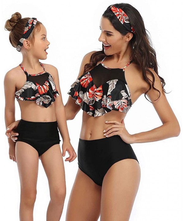 Mother and Daughter Swimwear Family Matching Girls Swimwear Retro Ruffled Flounce 2 Piece Swimsuit - A3~black - C31965HQN98 $...