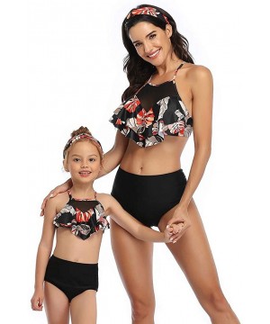 Mother and Daughter Swimwear Family Matching Girls Swimwear Retro Ruffled Flounce 2 Piece Swimsuit - A3~black - C31965HQN98 $...