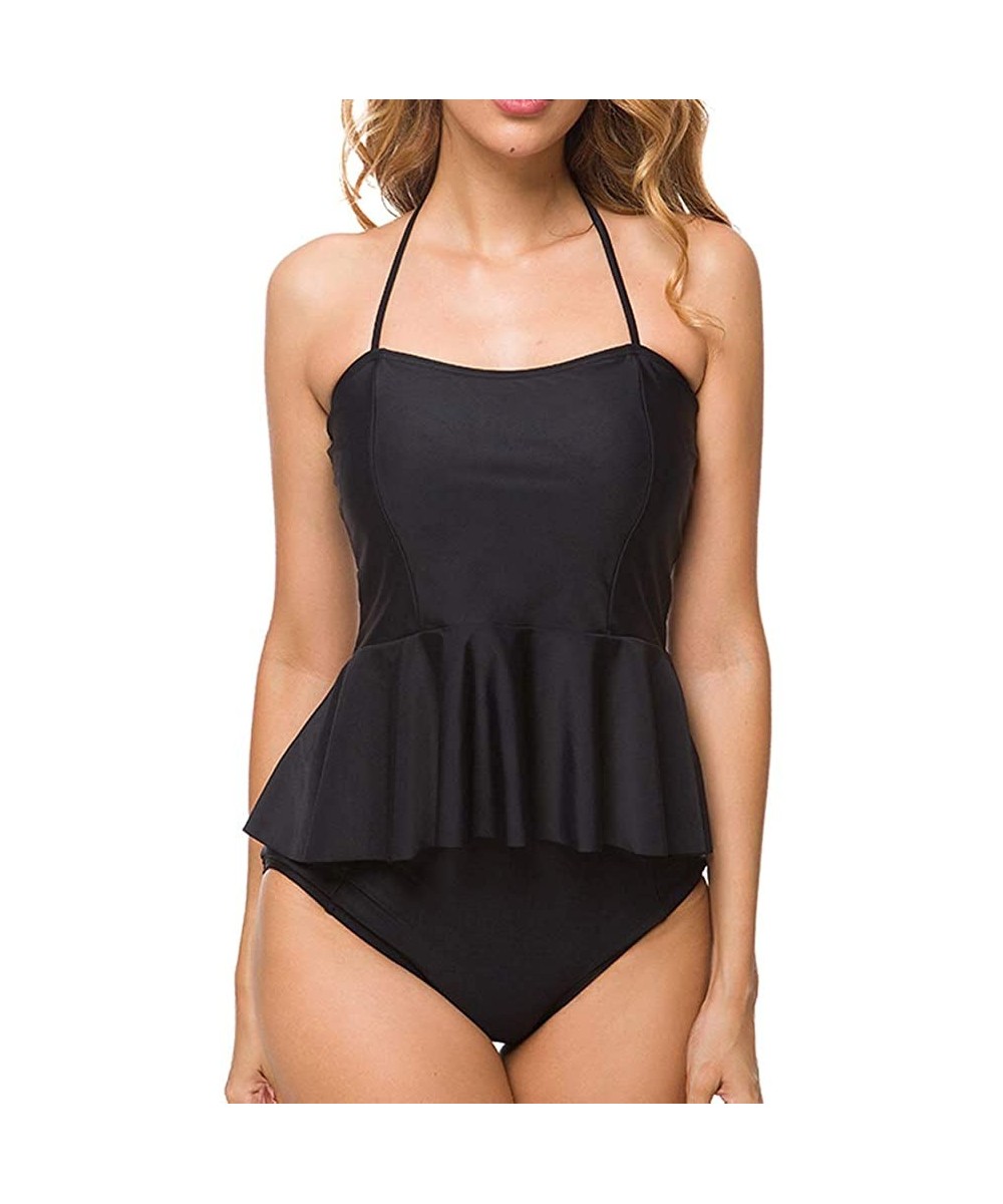 Women's High Waisted Two Pieces Bikini Peplum Halter Tankini Swimwear Bathing Suit - Black - CJ18O3INRMQ $30.52-Sets