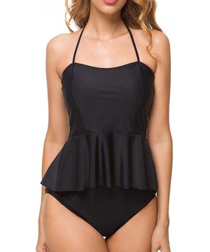 Women's High Waisted Two Pieces Bikini Peplum Halter Tankini Swimwear Bathing Suit - Black - CJ18O3INRMQ $30.52-Sets