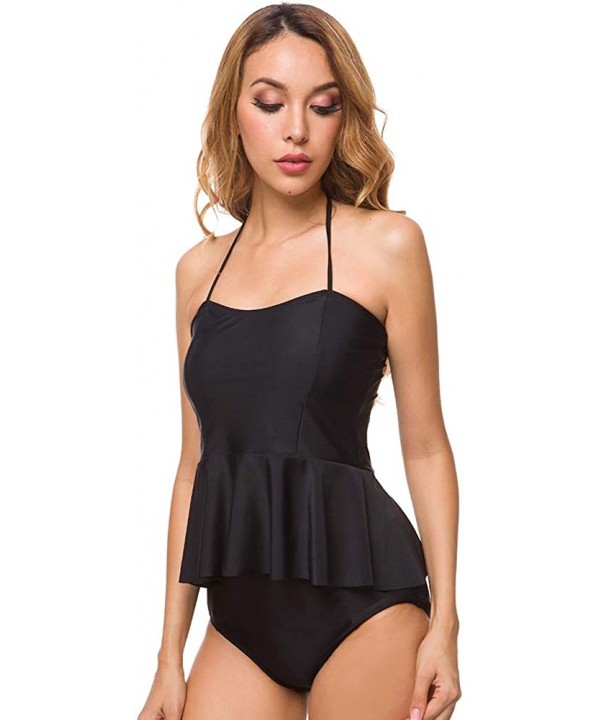 Women's High Waisted Two Pieces Bikini Peplum Halter Tankini Swimwear Bathing Suit - Black - CJ18O3INRMQ $30.52-Sets