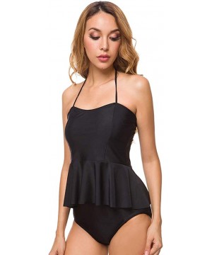 Women's High Waisted Two Pieces Bikini Peplum Halter Tankini Swimwear Bathing Suit - Black - CJ18O3INRMQ $30.52-Sets