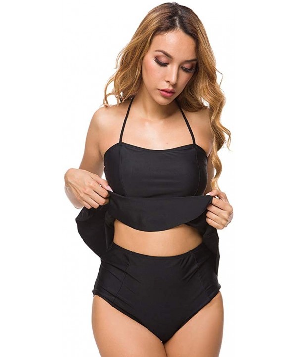 Women's High Waisted Two Pieces Bikini Peplum Halter Tankini Swimwear Bathing Suit - Black - CJ18O3INRMQ $30.52-Sets