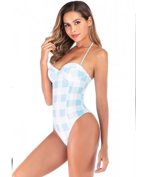 Women's High Slit Halter Back One-Piece Swimsuit - White Grid - CC18TMXALTK $26.29-One-Pieces