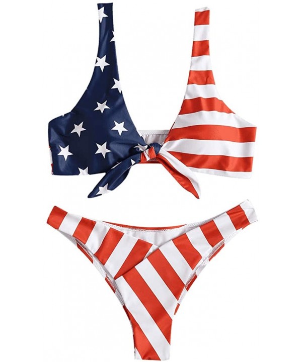 Women's Sexy American Flag Print Beachwear Swimsuit Tie Knot Front Two Pieces Bikini Set Top Padded Swimwear - CW18H959SEK $2...