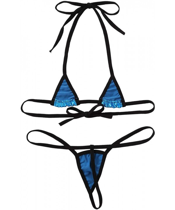 Women's Shiny Metallic Micro Bikini Triangle Bra with G-String Briefs Beachwear Swimwear - Lake Blue - CV190YZZTLD $20.07-Sets