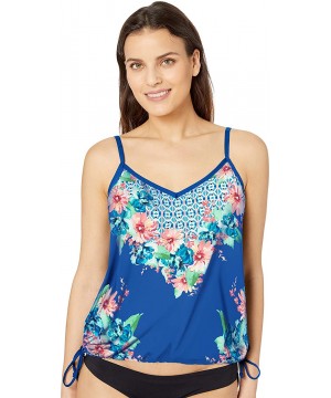 Women's Side Tie Tankini Swimsuit Top - Blue//Tropical Vibin - C518I3R09KC $24.80-Tankinis