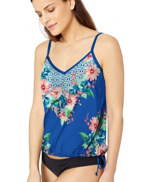 Women's Side Tie Tankini Swimsuit Top - Blue//Tropical Vibin - C518I3R09KC $24.80-Tankinis