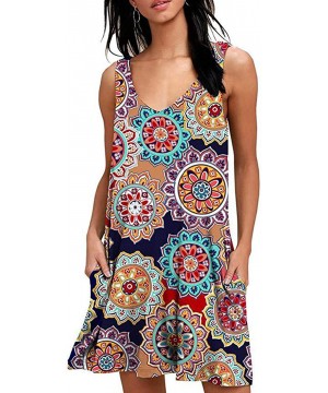 Women's Casual V Neck Sleeveless Floral Swing T Shirt Tank Dress with Pockets - Printed Blue - CO18OW7ZSZ8 $12.05-Cover-Ups