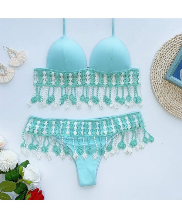 Litetao Women's Two Piece Halter Strap Bikini Set Boho Tassel Beach Swimwear Swimsuit Bathing Suits - Blue - CD196R0XDZC $12....