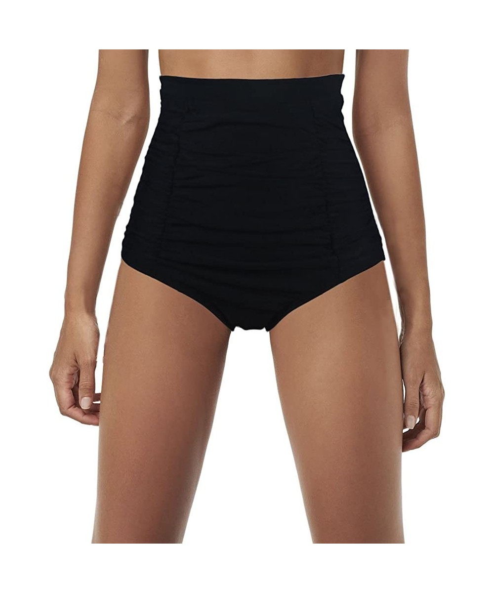 Women's Retro Black High Waisted Bikini Bottom Ruched Swim Short Tankinis Briefs - Black - CA197T6YG0M $24.82-Tankinis