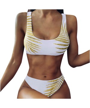 Women's Scoop Neck Gold Tropical Leaf Tank Bikini Top with High Waisted Cheeky Bottom Two Pieces Swimsuit - White - CY194DT9O...