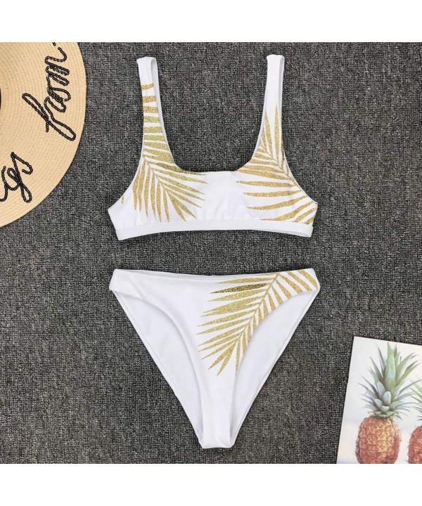 Women's Scoop Neck Gold Tropical Leaf Tank Bikini Top with High Waisted Cheeky Bottom Two Pieces Swimsuit - White - CY194DT9O...