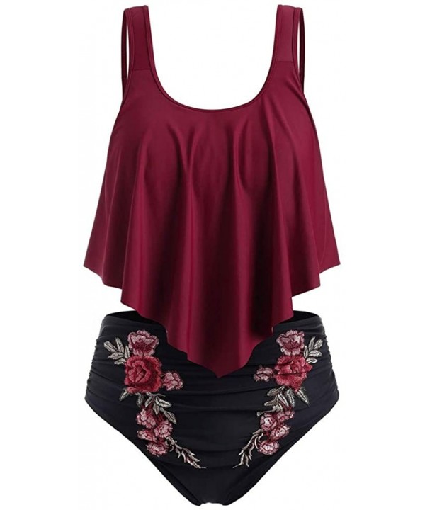 Women's Two Pieces Ruched High Waist Bikini Set - 04 Embroidery Floral-burgundy - CF18W4HX3LC $17.49-Sets