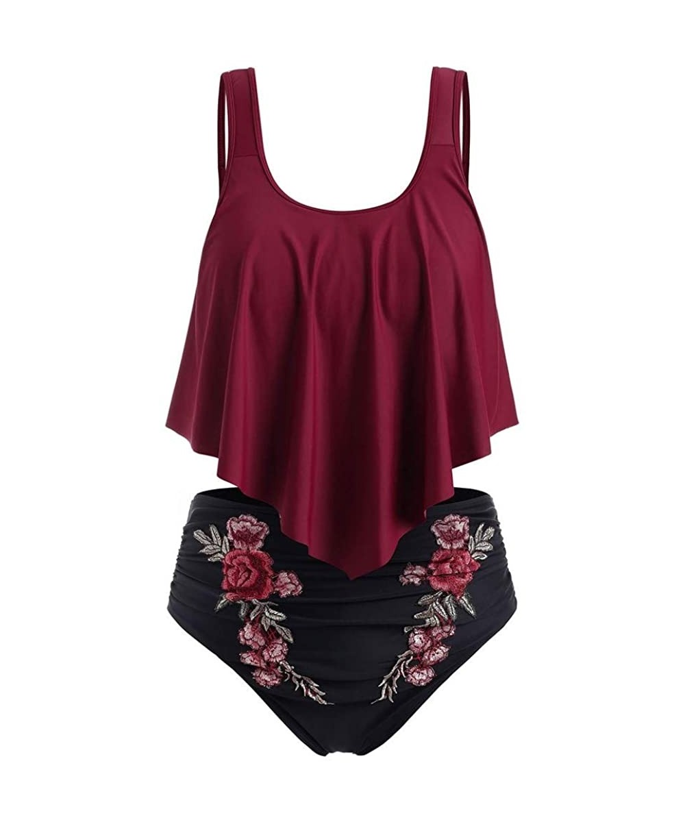 Women's Two Pieces Ruched High Waist Bikini Set - 04 Embroidery Floral-burgundy - CF18W4HX3LC $17.49-Sets