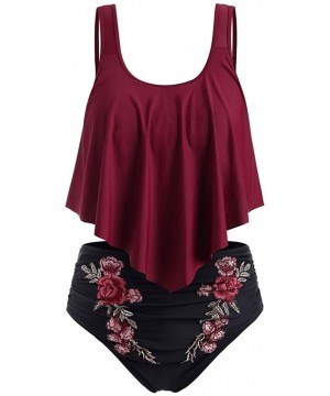 Women's Two Pieces Ruched High Waist Bikini Set - 04 Embroidery Floral-burgundy - CF18W4HX3LC $17.49-Sets